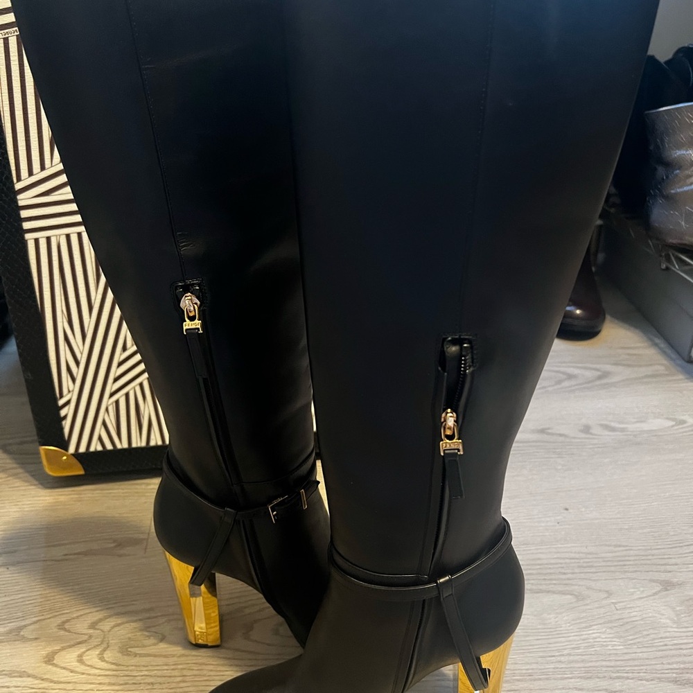 Fendi Black and Gold Heeled Boots with Metallic Heel